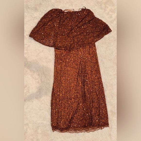 NWOT MAC DUGGAL Embellished Cape High Neck Midi Dress Copper sz 14 - Picture 5 of 6